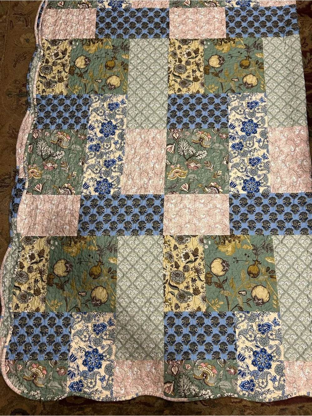 MarCielo Pink Blue Green Yellow White Patchwork 98x102 Inches Cottagecore Quilt